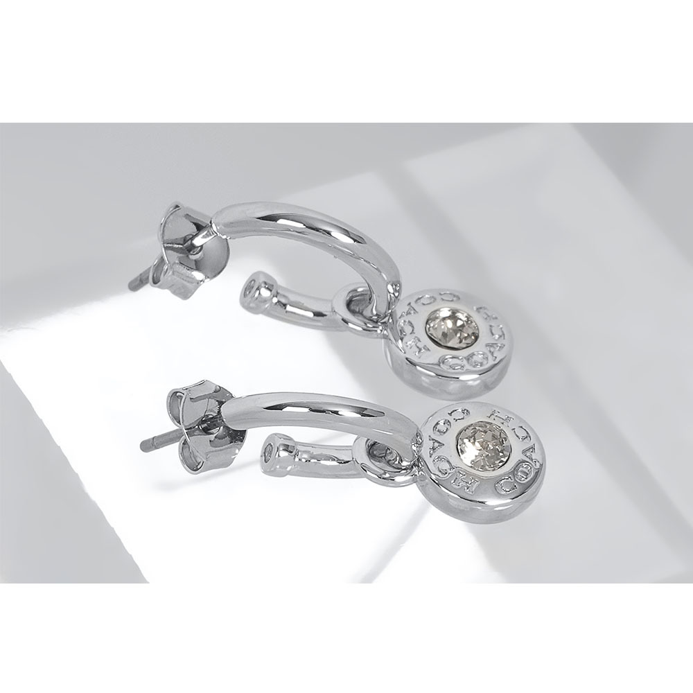 【COACH】水鑽圓形吊墜馬蹄形針式耳環(銀色) CV256 SLV