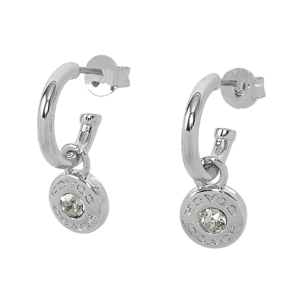 【COACH】水鑽圓形吊墜馬蹄形針式耳環(銀色) CV256 SLV