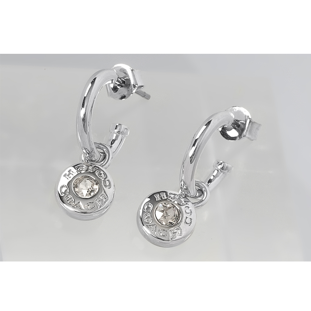 【COACH】水鑽圓形吊墜馬蹄形針式耳環(銀色) CV256 SLV