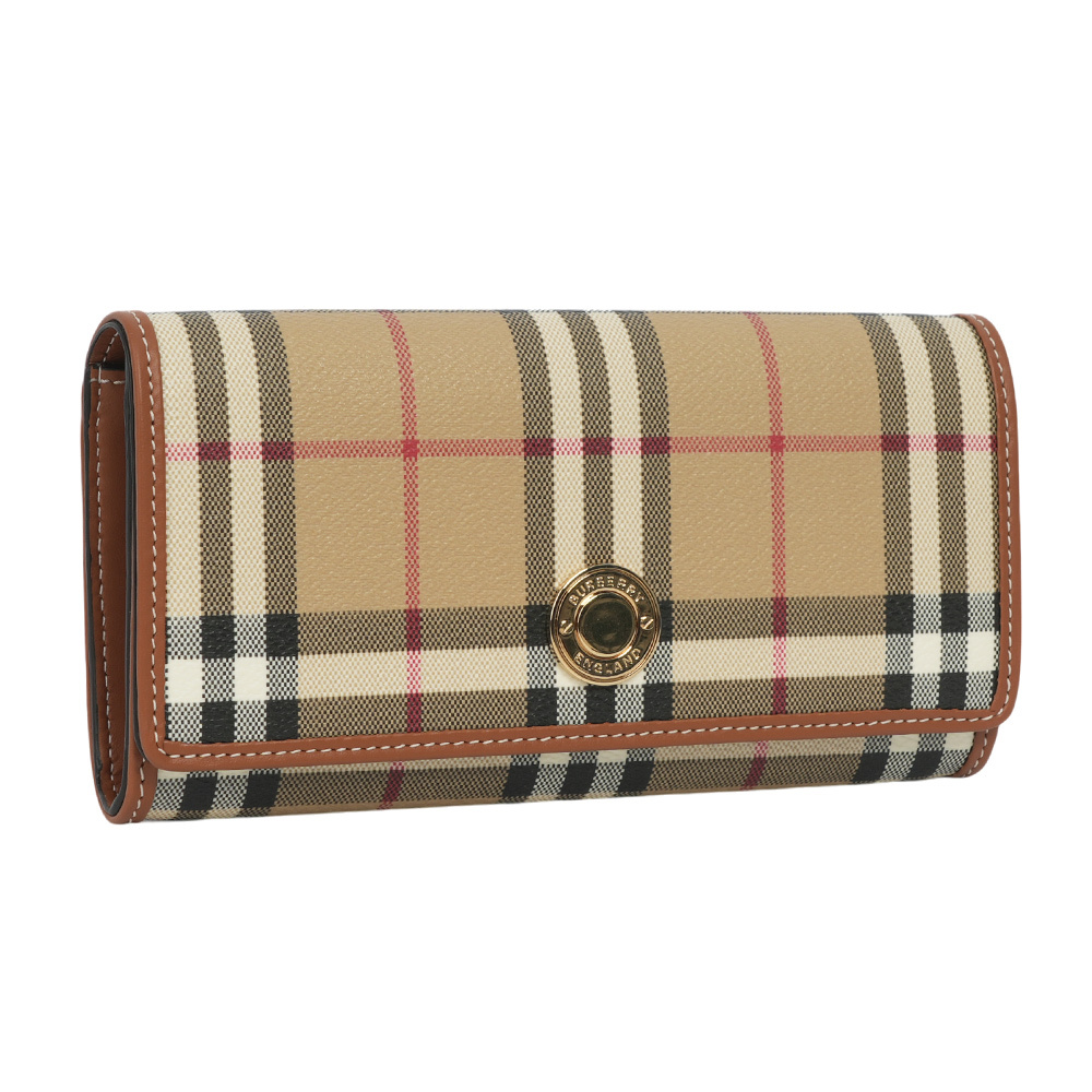 【BURBERRY】經典格紋及小牛皮翻蓋長夾(經典米色) 8094421 A7026
