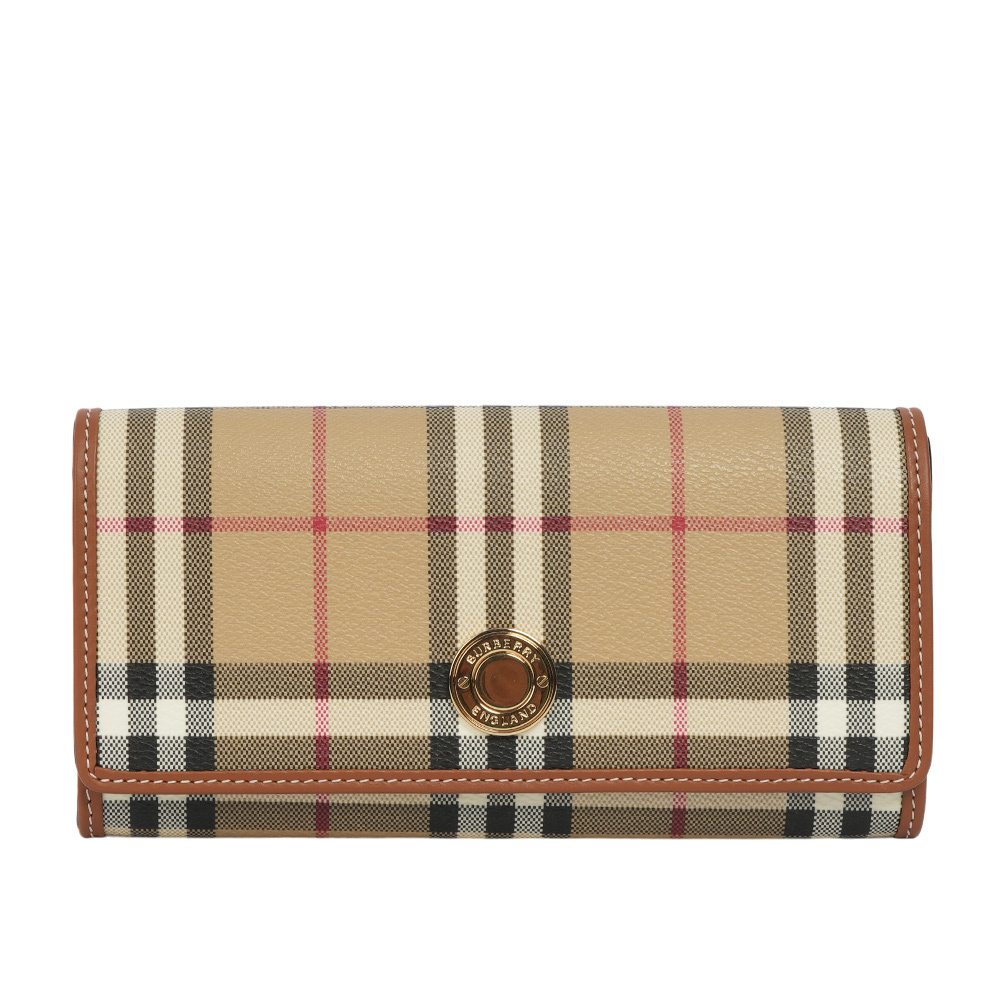 【BURBERRY】經典格紋及小牛皮翻蓋長夾(經典米色) 8094421 A7026