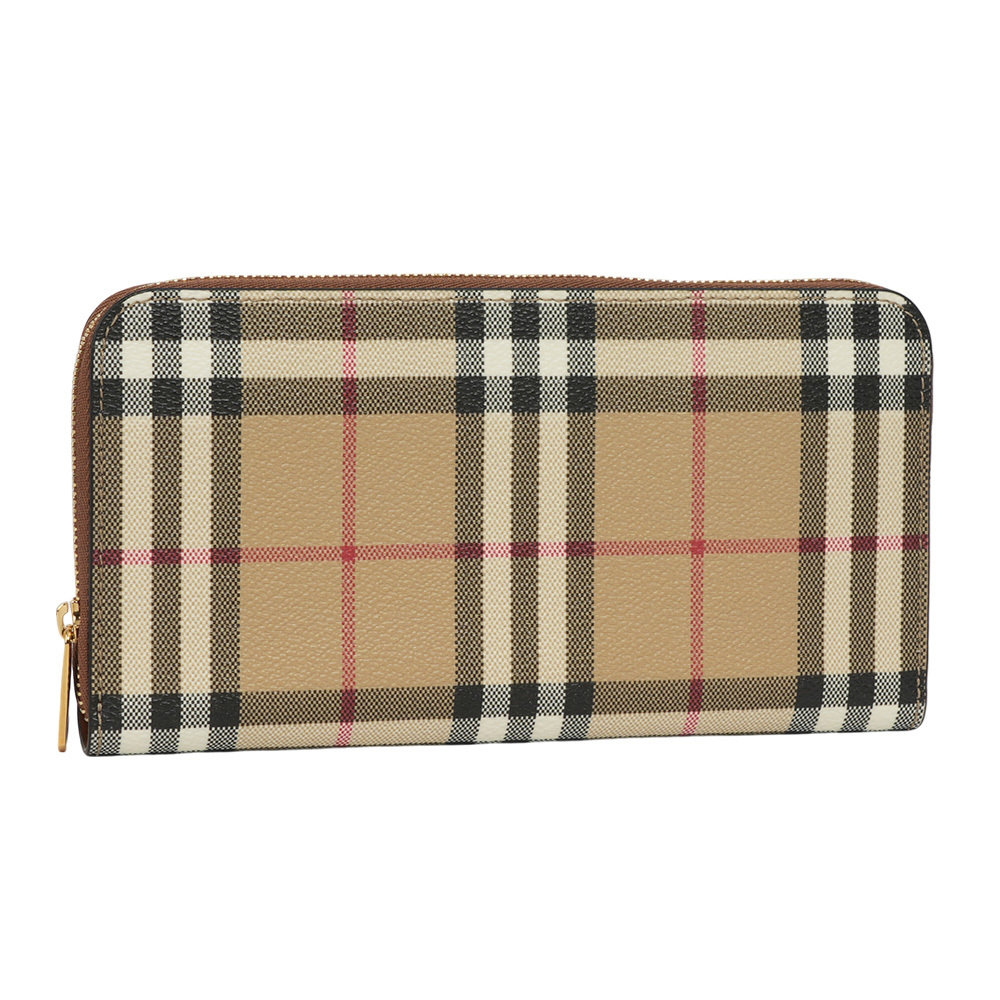 【BURBERRY】Vintage 格紋皮革ㄇ形拉鍊皮夾(米色/樺木棕色) 8094438 A9534
