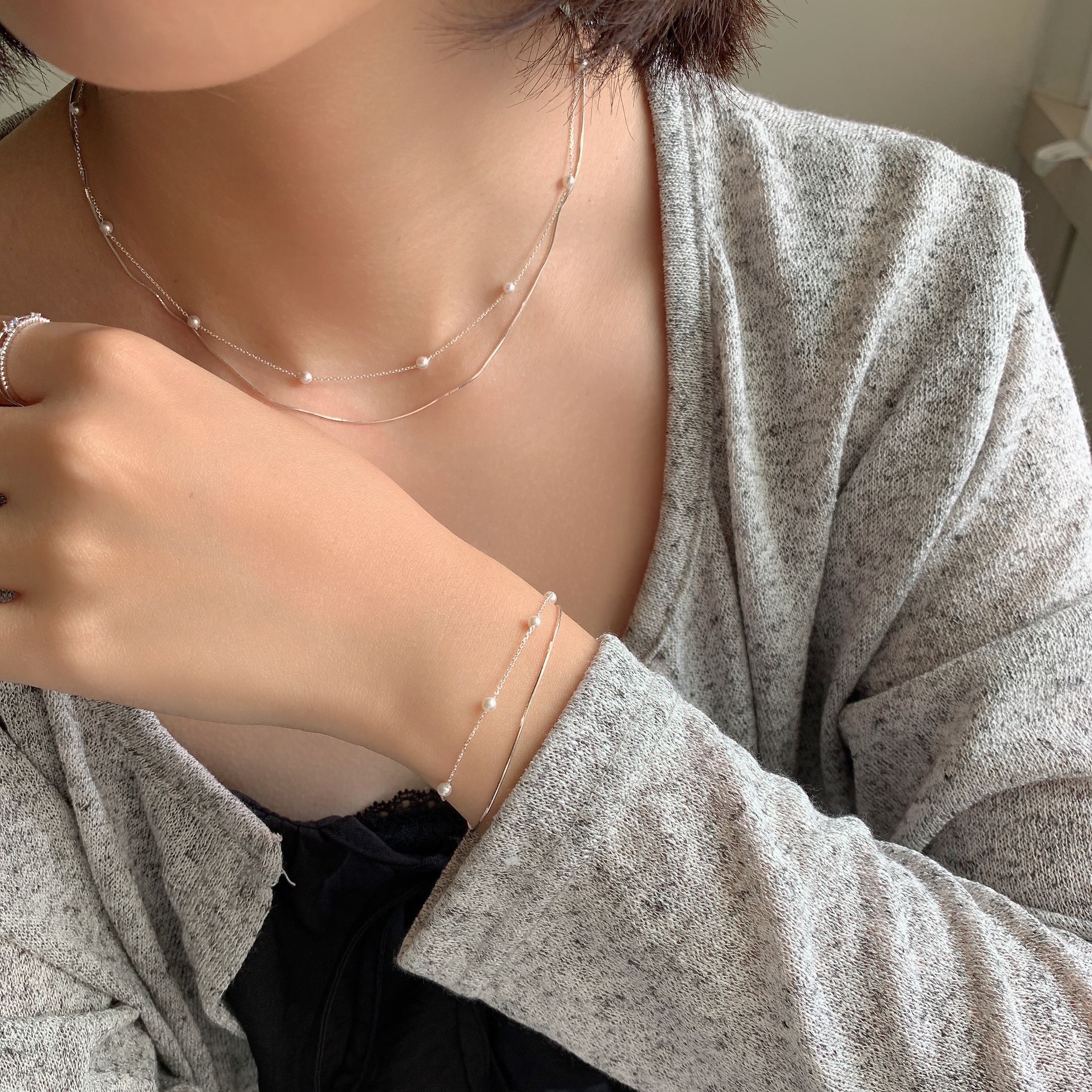 🇰🇷925 silver 珍珠蛇鍊雙層項鍊／手鍊