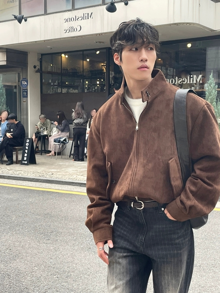 高領麂皮拉鍊外套