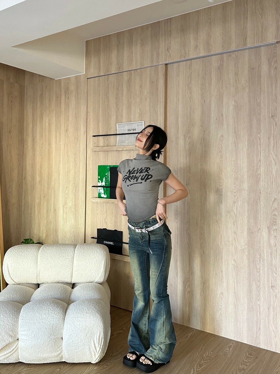 限時收單✈️千禧年代 高腰復古漸變刷色抓皺喇叭褲