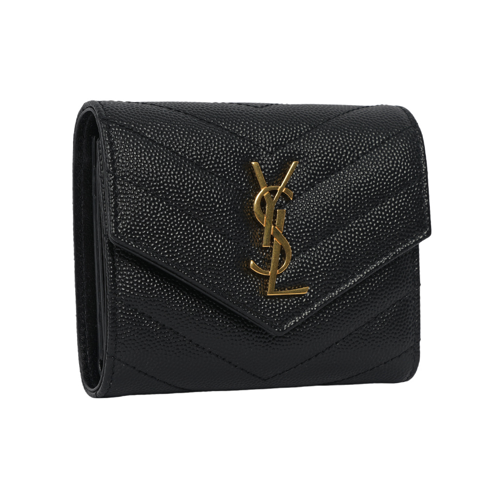 【YSL/Saint Laurent Paris】金字山形紋魚子醬皮三折零錢袋短夾
