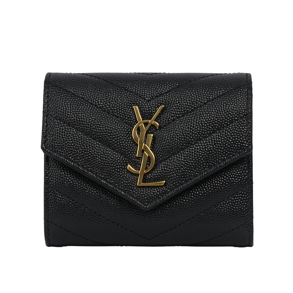 【YSL/Saint Laurent Paris】金字山形紋魚子醬皮三折零錢袋短夾