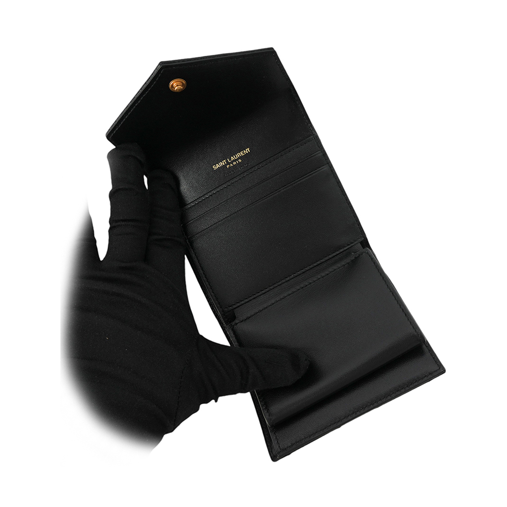 【YSL/Saint Laurent Paris】金字山形紋魚子醬皮三折零錢袋短夾(黑色) 692061 BOW01 1000