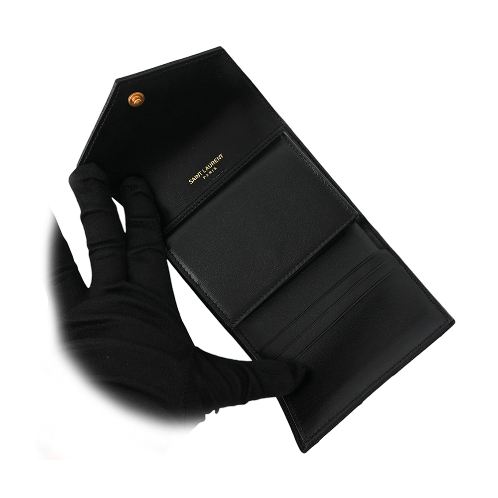 【YSL/Saint Laurent Paris】金字山形紋魚子醬皮三折零錢袋短夾(黑色) 692061 BOW01 1000