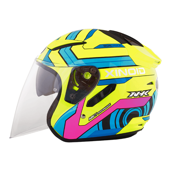 NHK R1 X立方 (Xinoid) 亮面螢光黃黃籃 彩繪 3/4罩式 透氣 內墨片