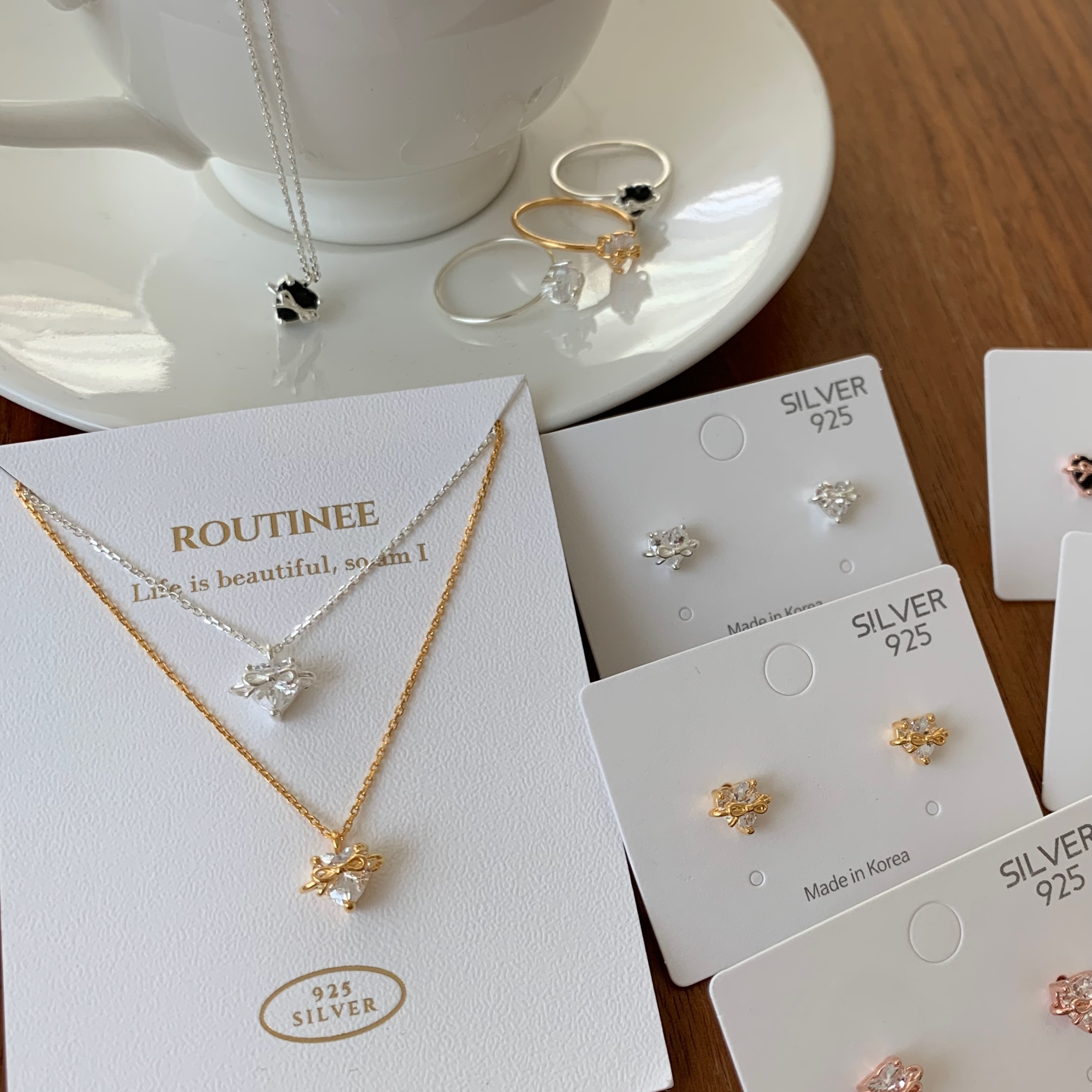 🇰🇷925 silver 愛心鑽蝴蝶結緞帶項鍊｜2 color