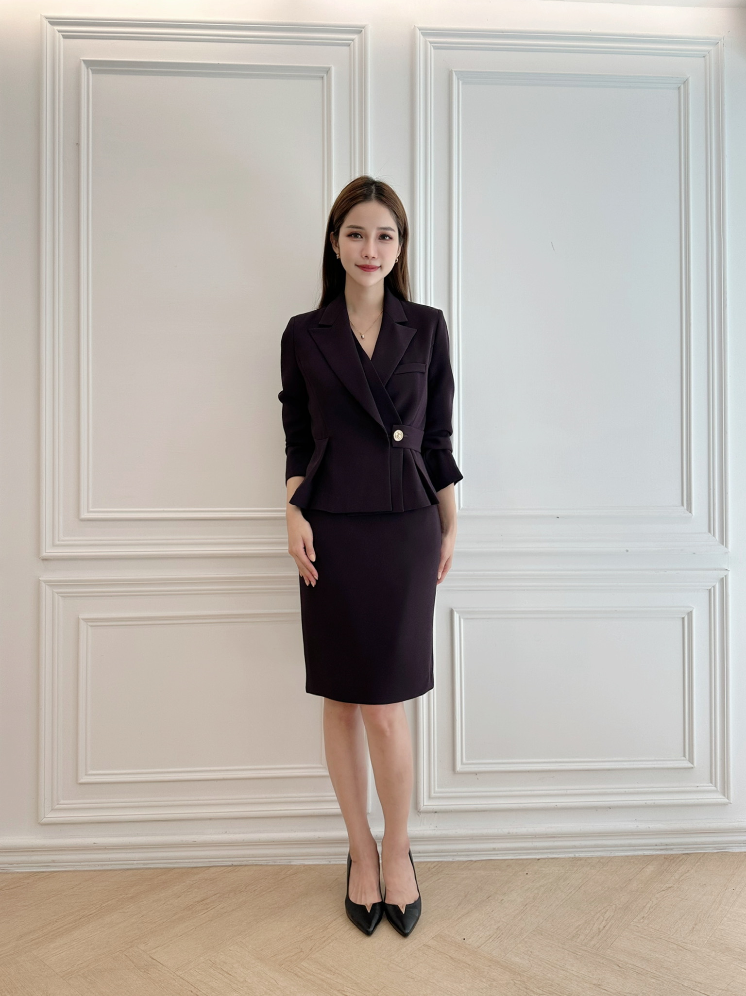 雙層領側金釦西裝套裝-紫