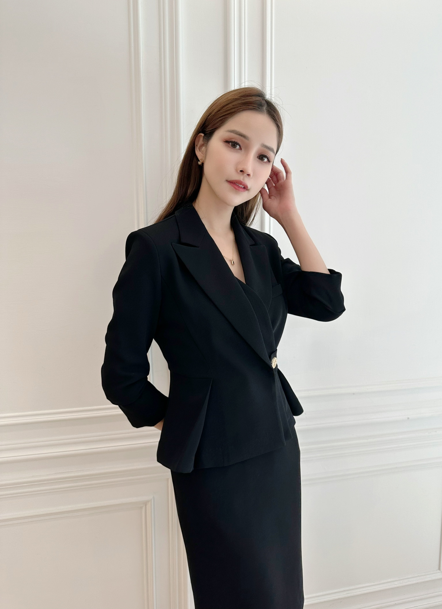 雙層領側金釦西裝套裝-黑