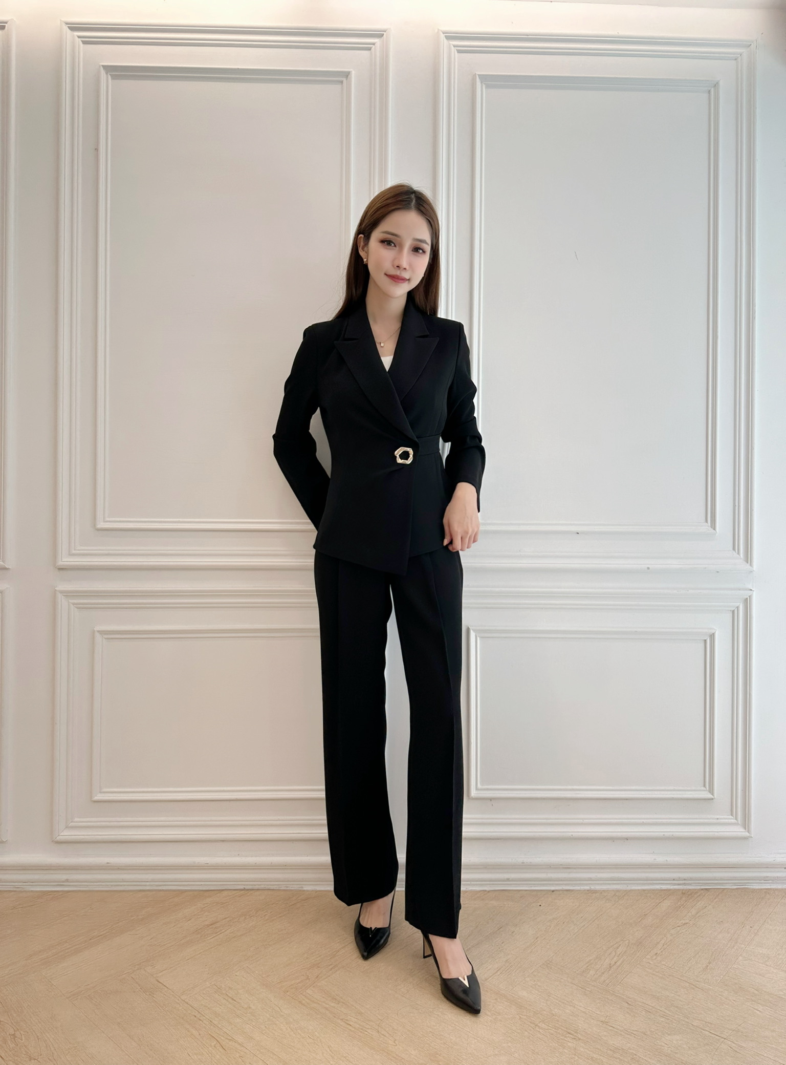 金屬側釦西裝套裝-黑