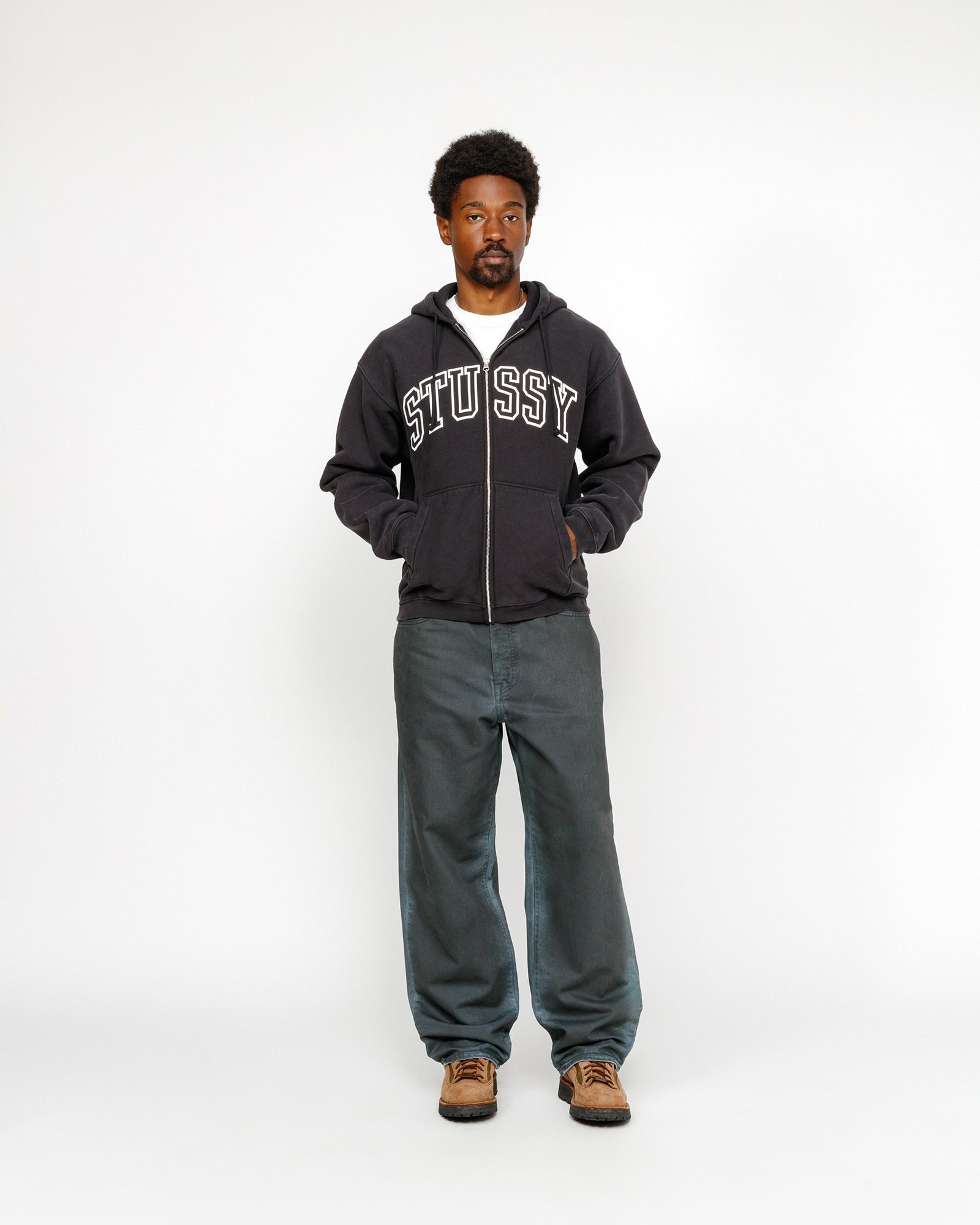 STUSSY OUTLINE ZIP HOODIE WASHED BLACK
