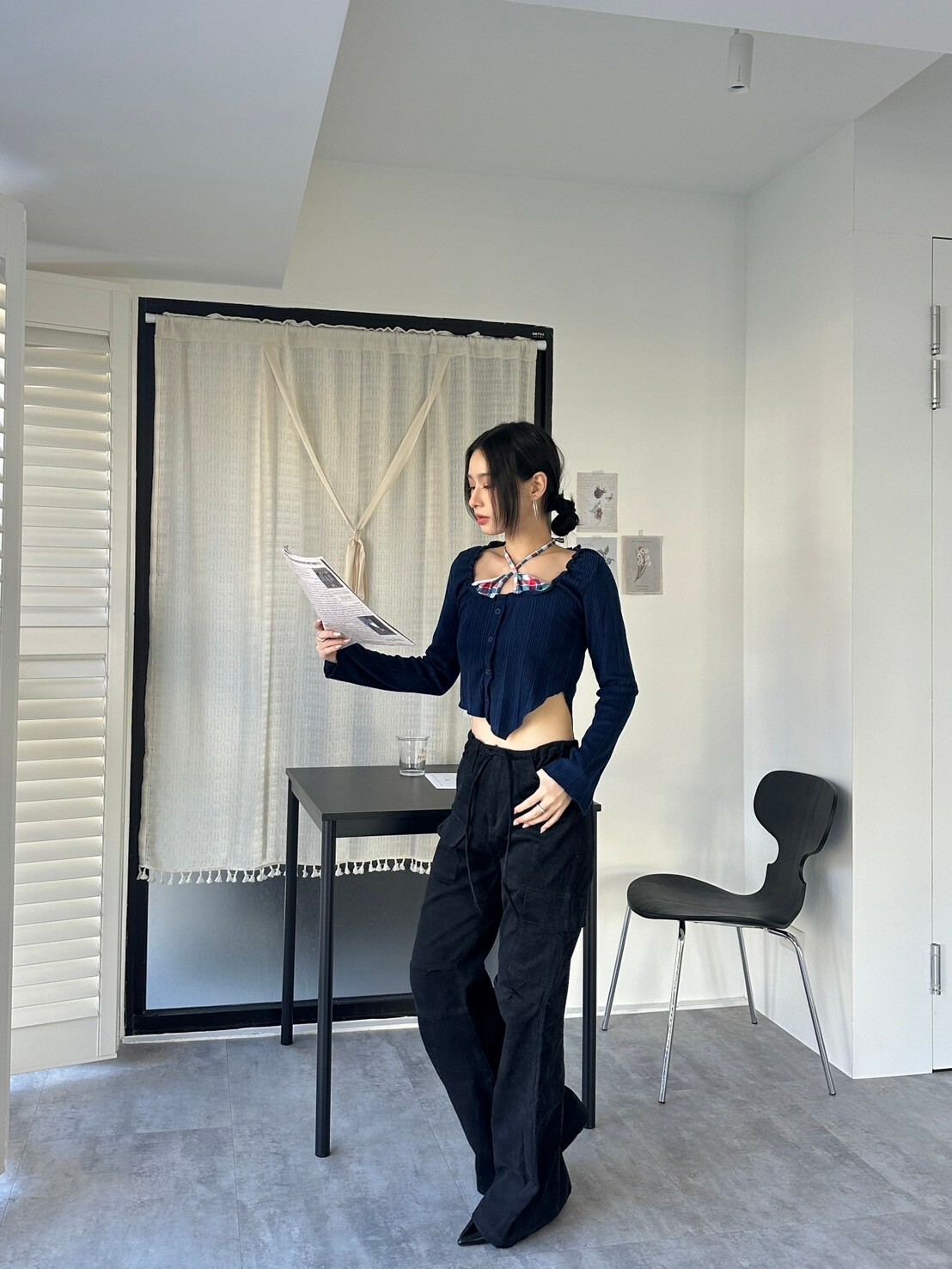 年末出清✧˖°初秋辣妹 2ways假兩件拼接針織掛脖短踢（藍色）