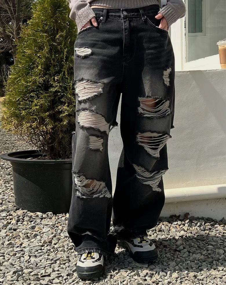【HERETICS STUDIO 】韓國 고품질 單寧 牛仔 多層破壞 抽鬚 寬版 落地 牛仔褲 長褲