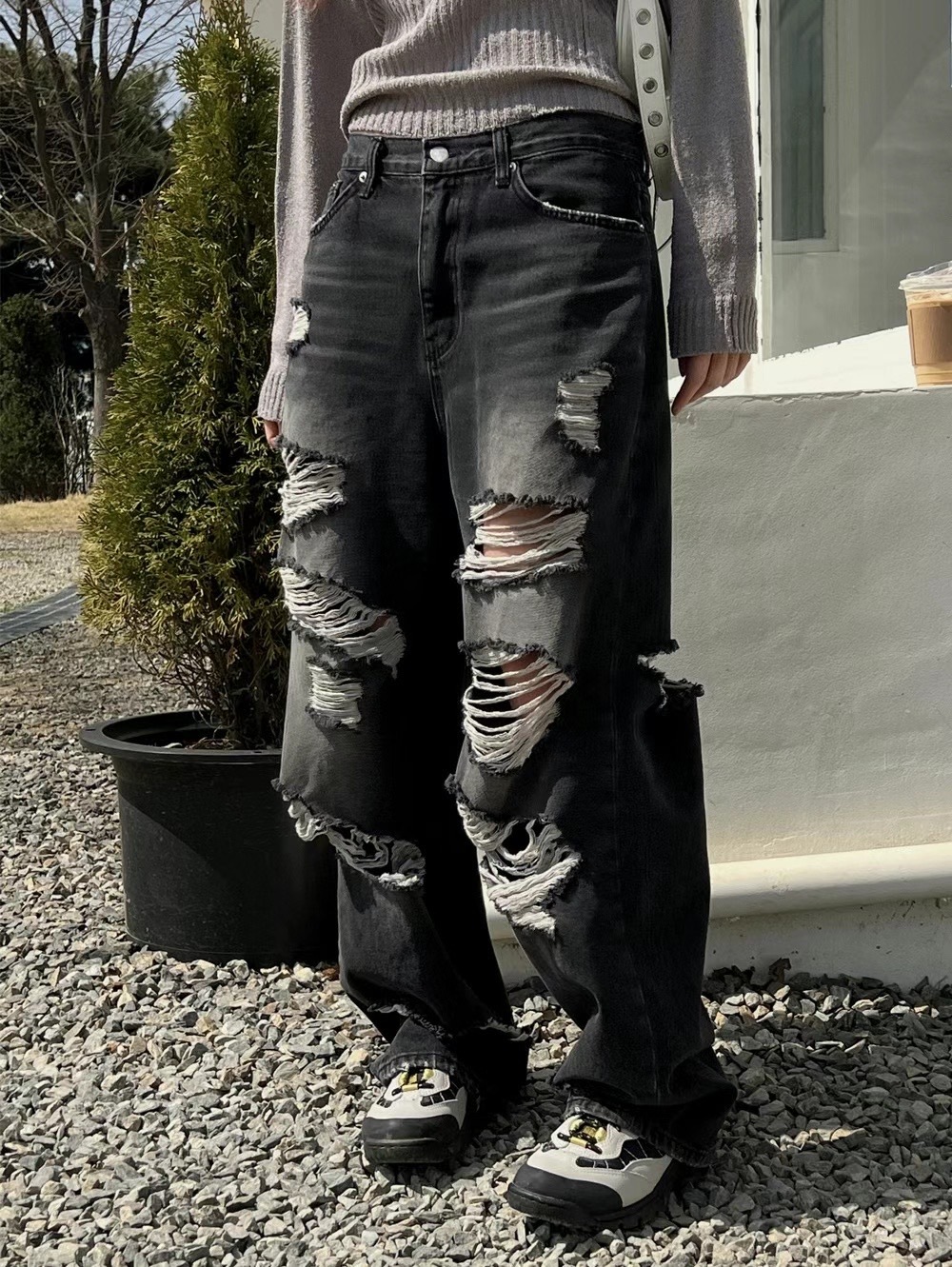 【HERETICS STUDIO 】韓國 고품질 單寧 牛仔 多層破壞 抽鬚 寬版 落地 牛仔褲 長褲