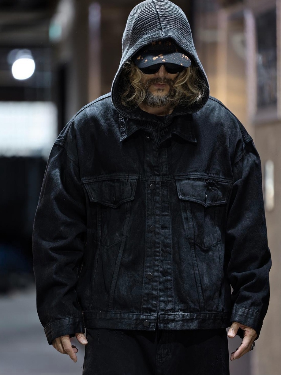 塗層損壞黑色牛仔夾克外套