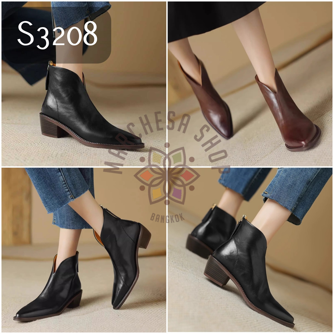 S3208 - 全真皮羊皮雕花水磨鈕扣高踭踝靴