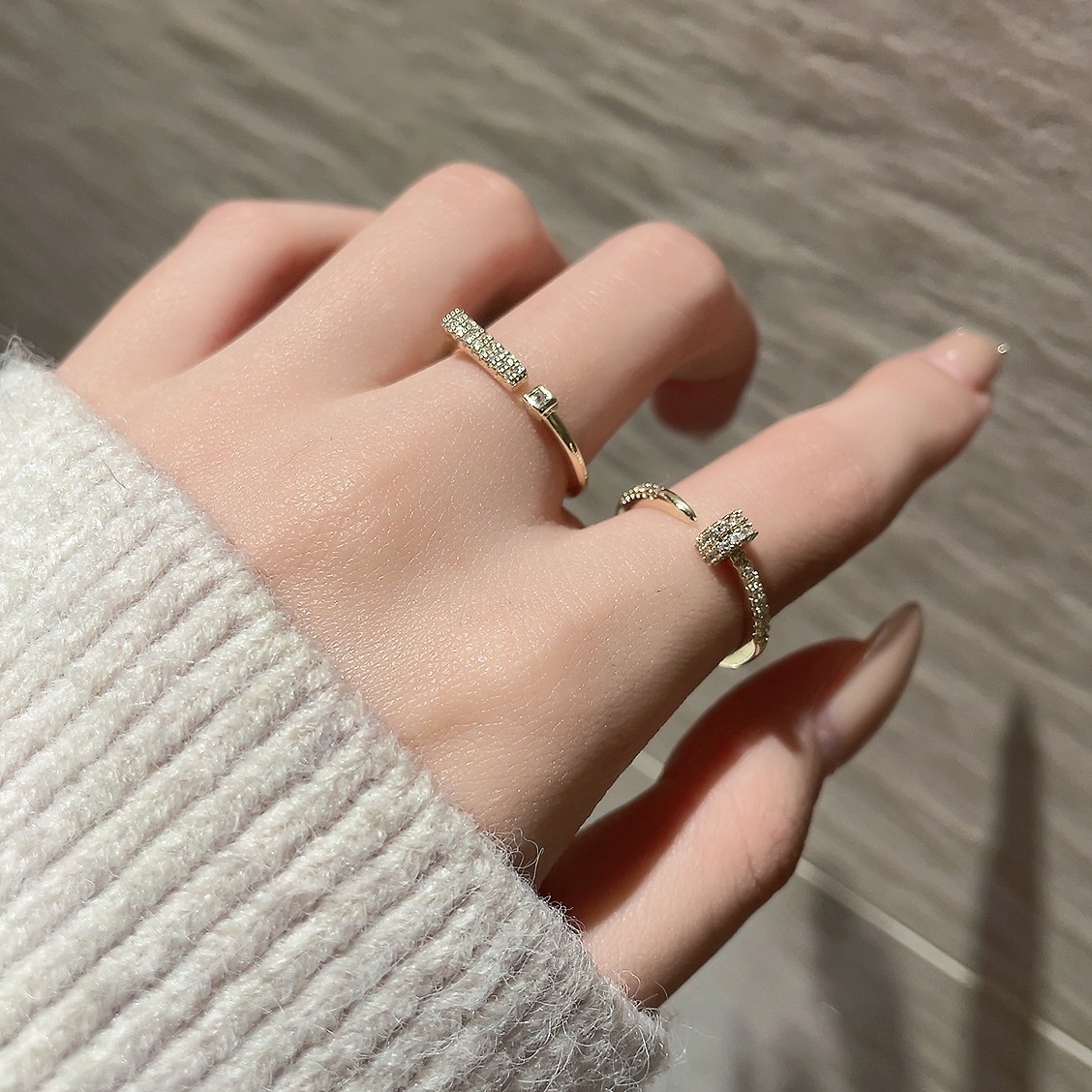 低奢金鑽細釘子/一字鑽開口戒set