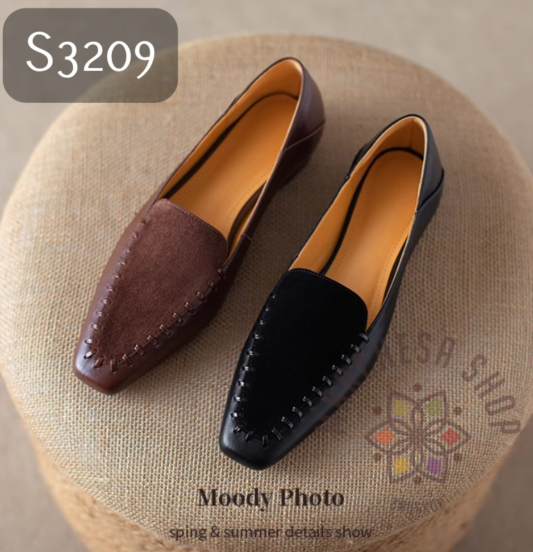 S3209 - 全真皮羊猄拼皮編織尖方頭平底鞋