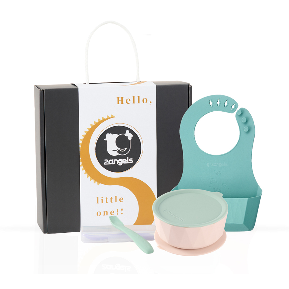 2angels矽膠學習餐具 新生彌月禮盒 [夏葉圍兜+夏葉學習碗+湯匙兩入附外出盒](學齡前孩童副食品圍兜 幼兒寶寶輕便防漏)