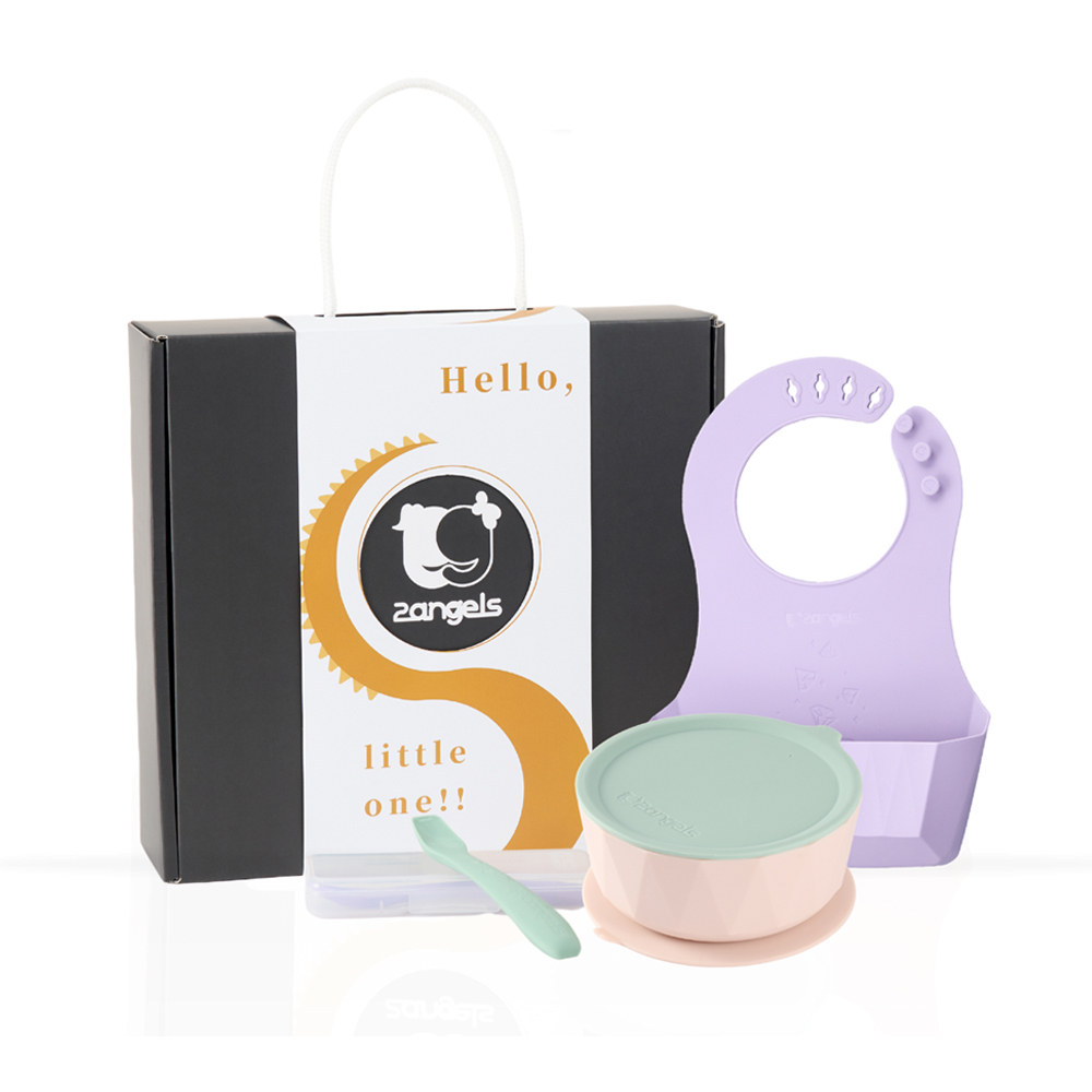 2angels矽膠學習餐具 新生彌月禮盒 [薰衣草圍兜+夏葉學習碗+湯匙兩入附外出盒](學齡前孩童副食品圍兜 幼兒寶寶輕便防漏)