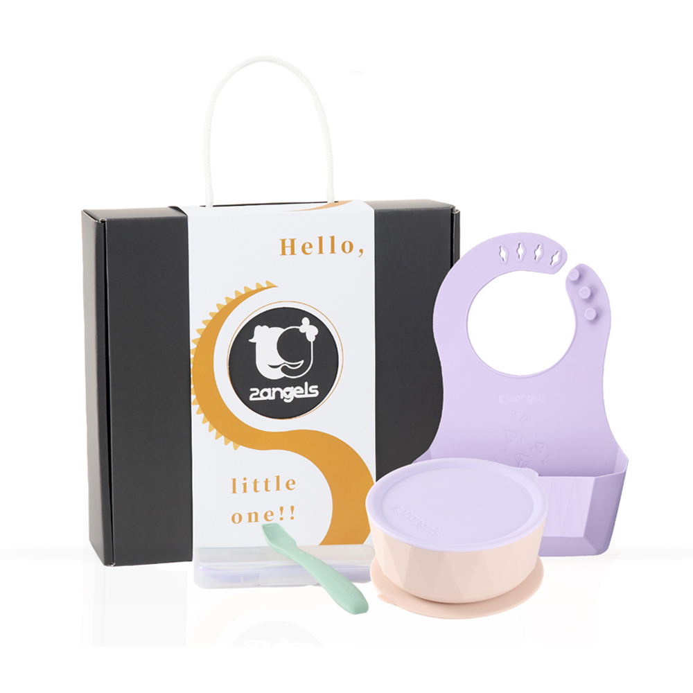 2angels矽膠學習餐具 新生彌月禮盒 [薰衣草圍兜+薰衣草學習碗+湯匙兩入附外出盒](學齡前孩童副食品圍兜 幼兒寶寶輕便防漏)