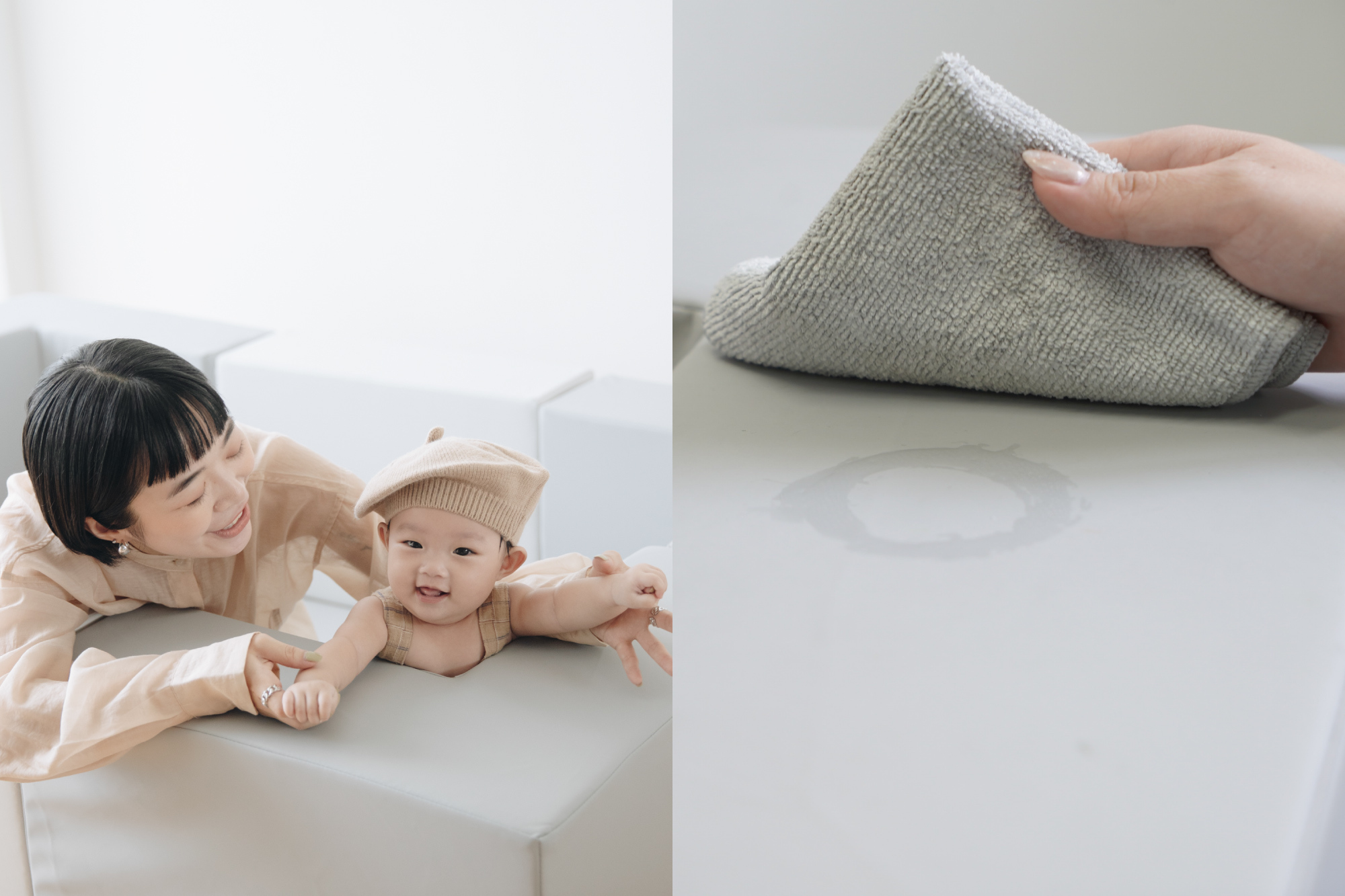 這是一張寶寶和媽媽在圍欄裡的照片