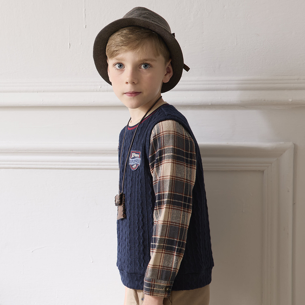 PIPPY經典格紋圓領甲兩件Logo刺繡上衣 藍