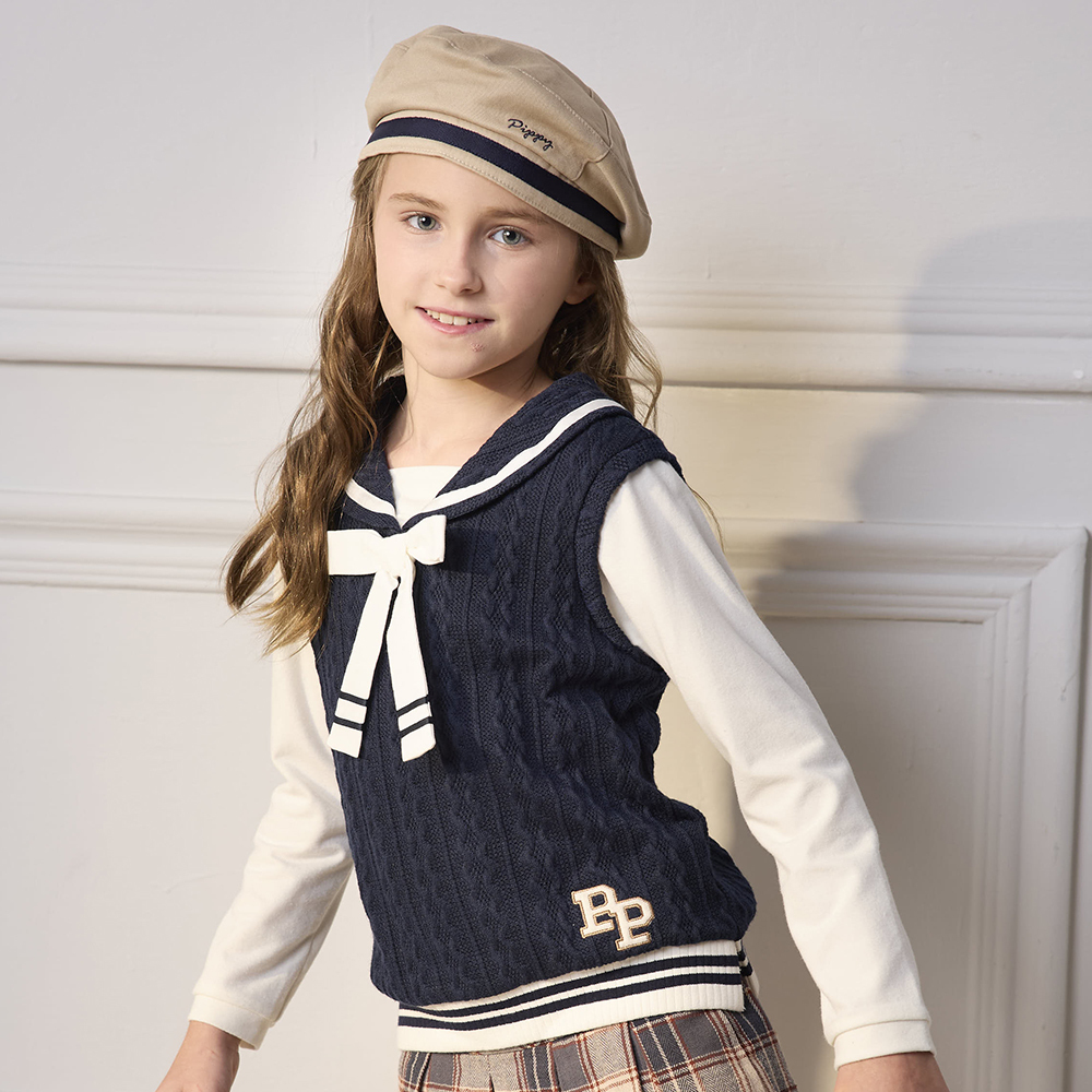 PIPPY 蝴蝶結假兩件水手領長袖上衣 藍