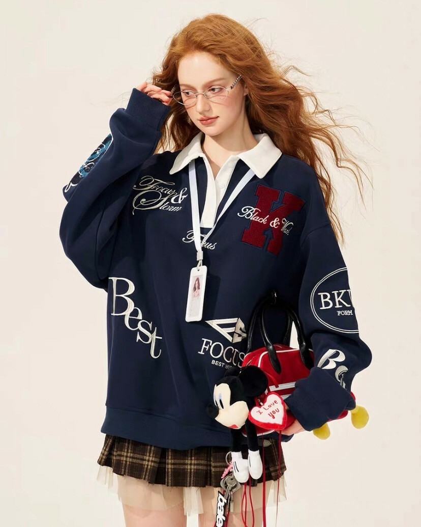 Focus storm 美式復古刺繡翻領長袖上衣