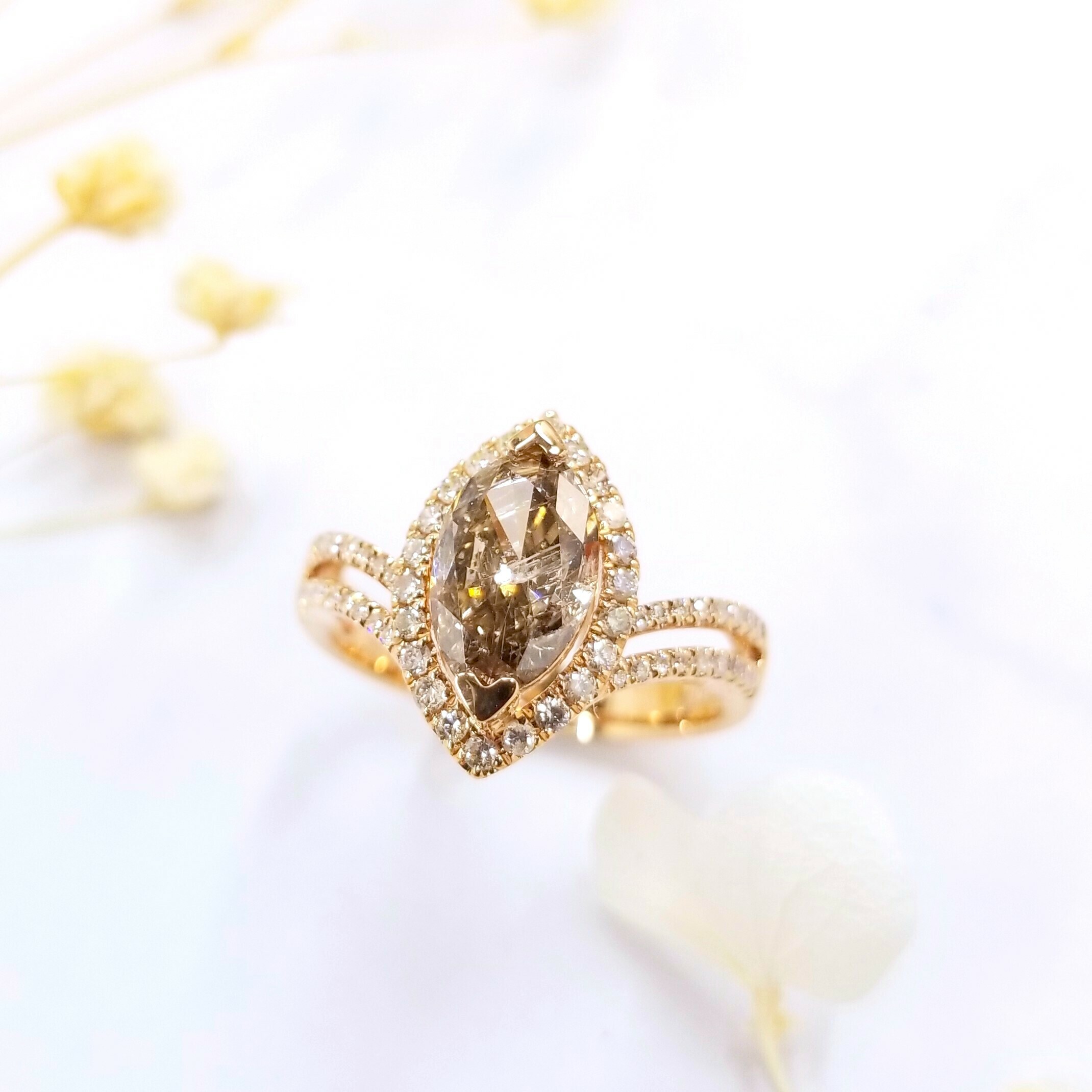 18K Rose Gold 1.78ct Fancy Champagne Marquise Cut Diamond Ring