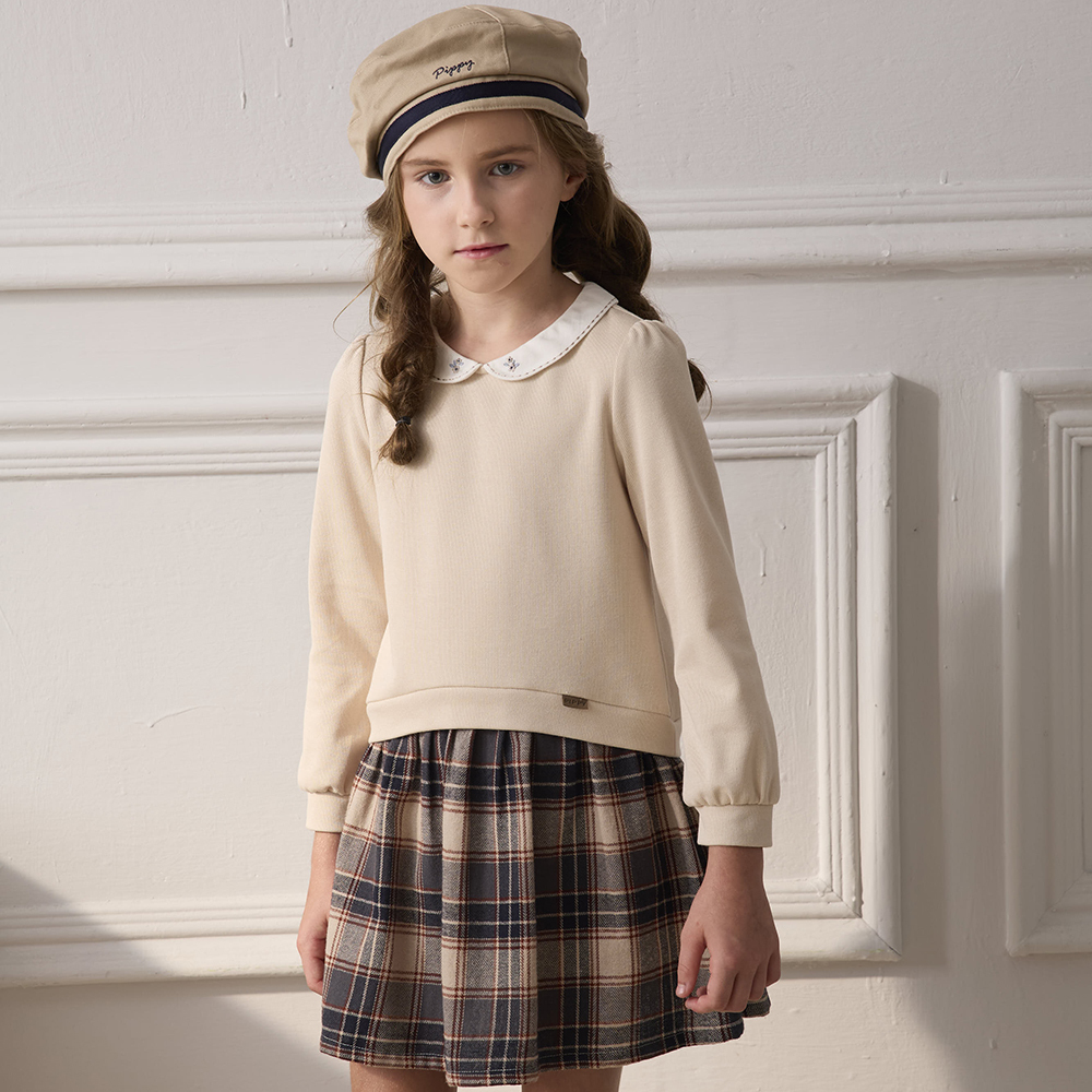 PIPPY優雅小翻領經典格紋假兩件連身裙洋裝 藍