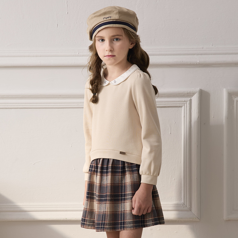 PIPPY優雅小翻領經典格紋假兩件連身裙洋裝 藍