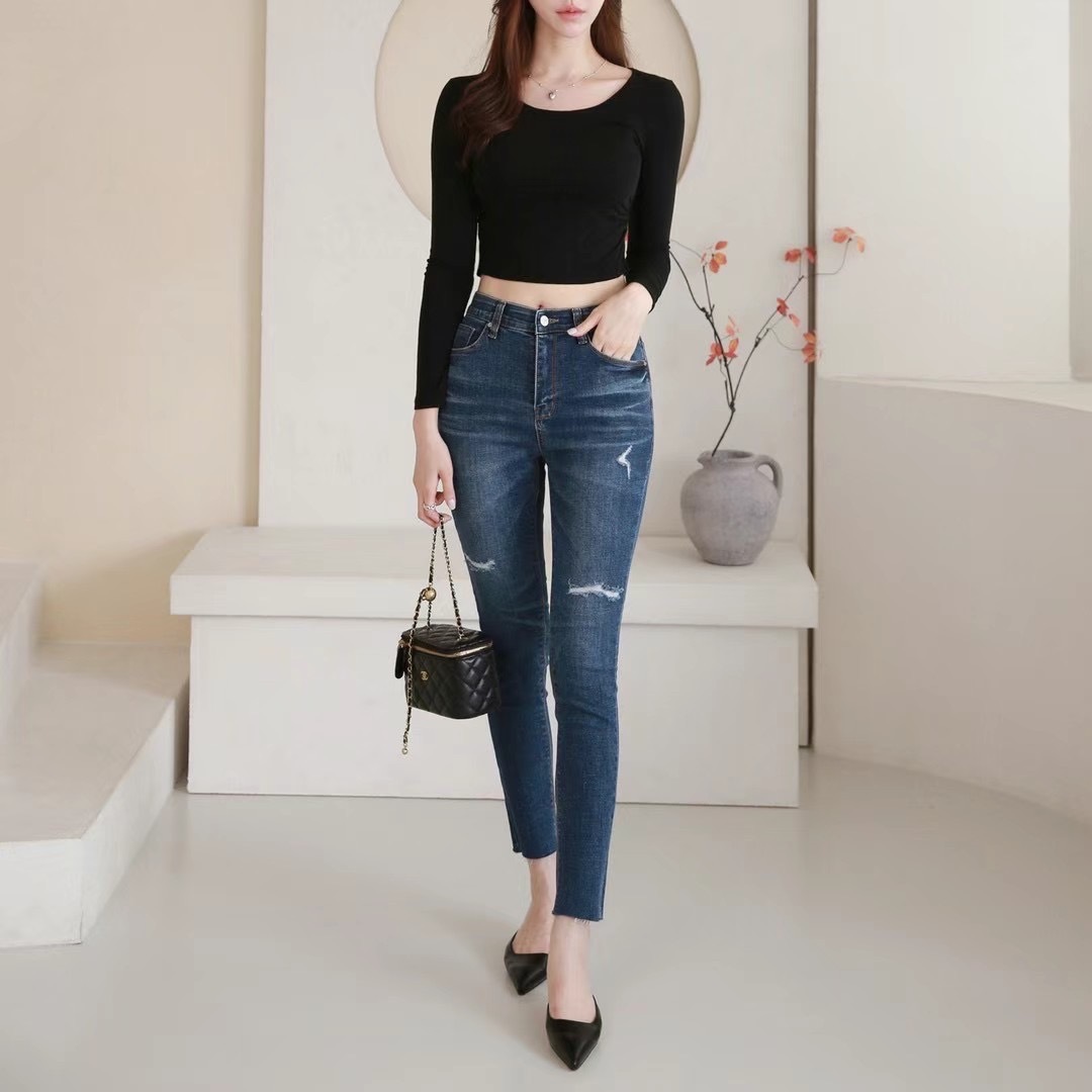 3081 假破洞鉛筆牛仔長褲