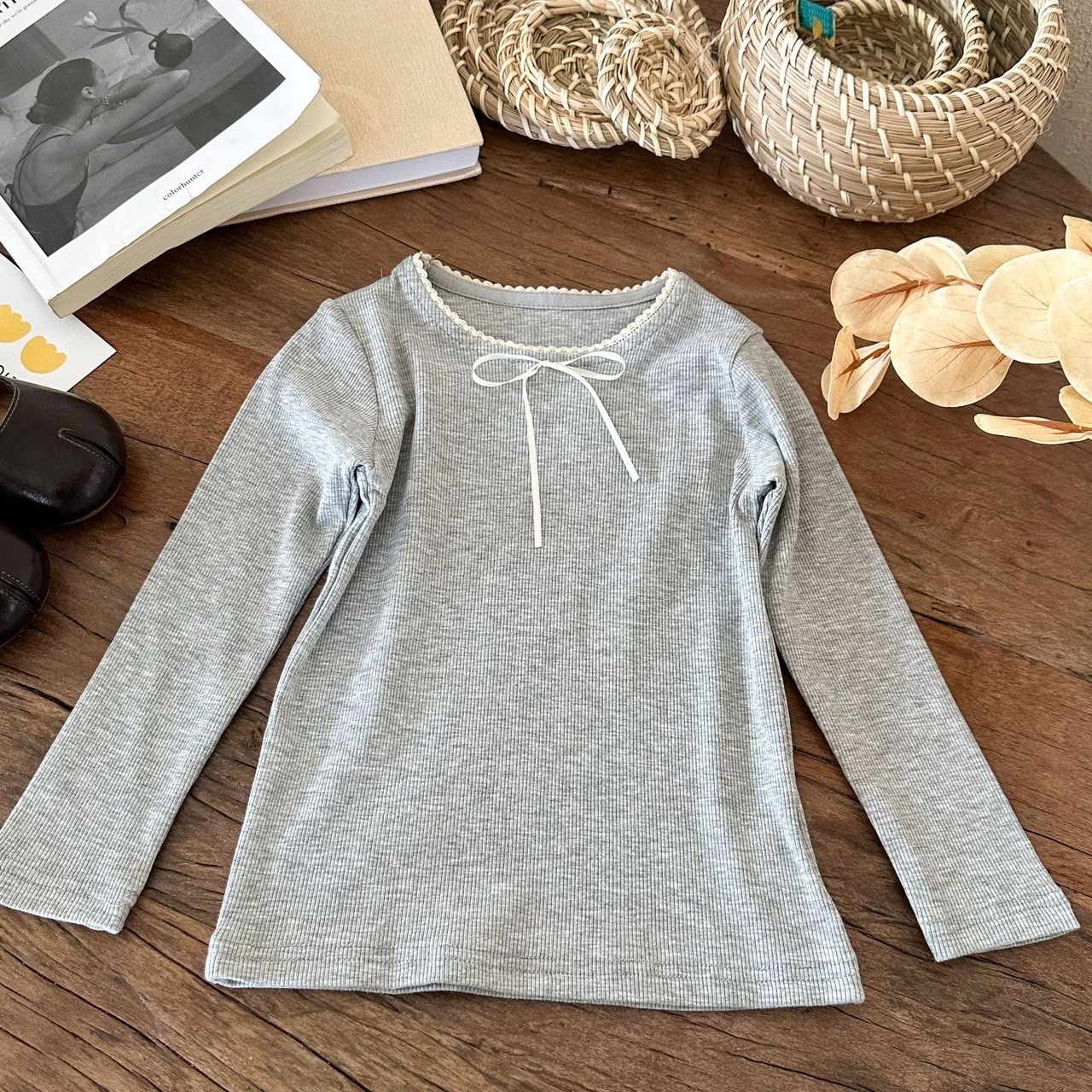 素面花邊蝴蝶結長T