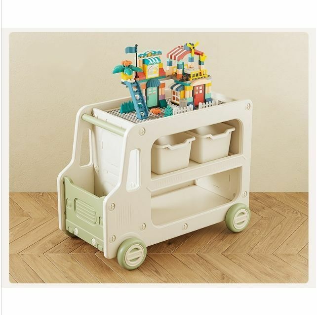 熱推兒童玩具收納車手推車置物架（綠色＋米白色）