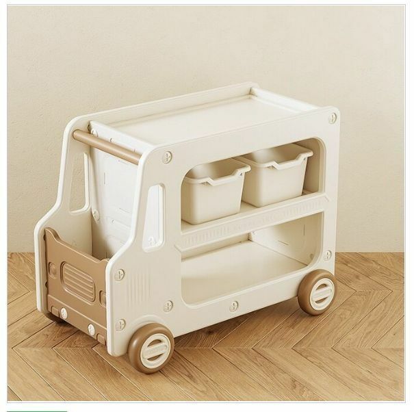 熱推兒童玩具收納車手推車置物架（啡色＋米白色）