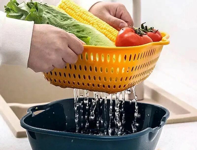 熱推六件套裝 加厚雙層瀝水籃六件套 塑膠洗菜籃 洗菜盆廚房收納洗菜框洗水果籃 【6件套】雙層撞色瀝水多功能洗菜水果盆 瀝水籃/洗菜籃/火鍋籃 (6件套) *打邊爐必備*