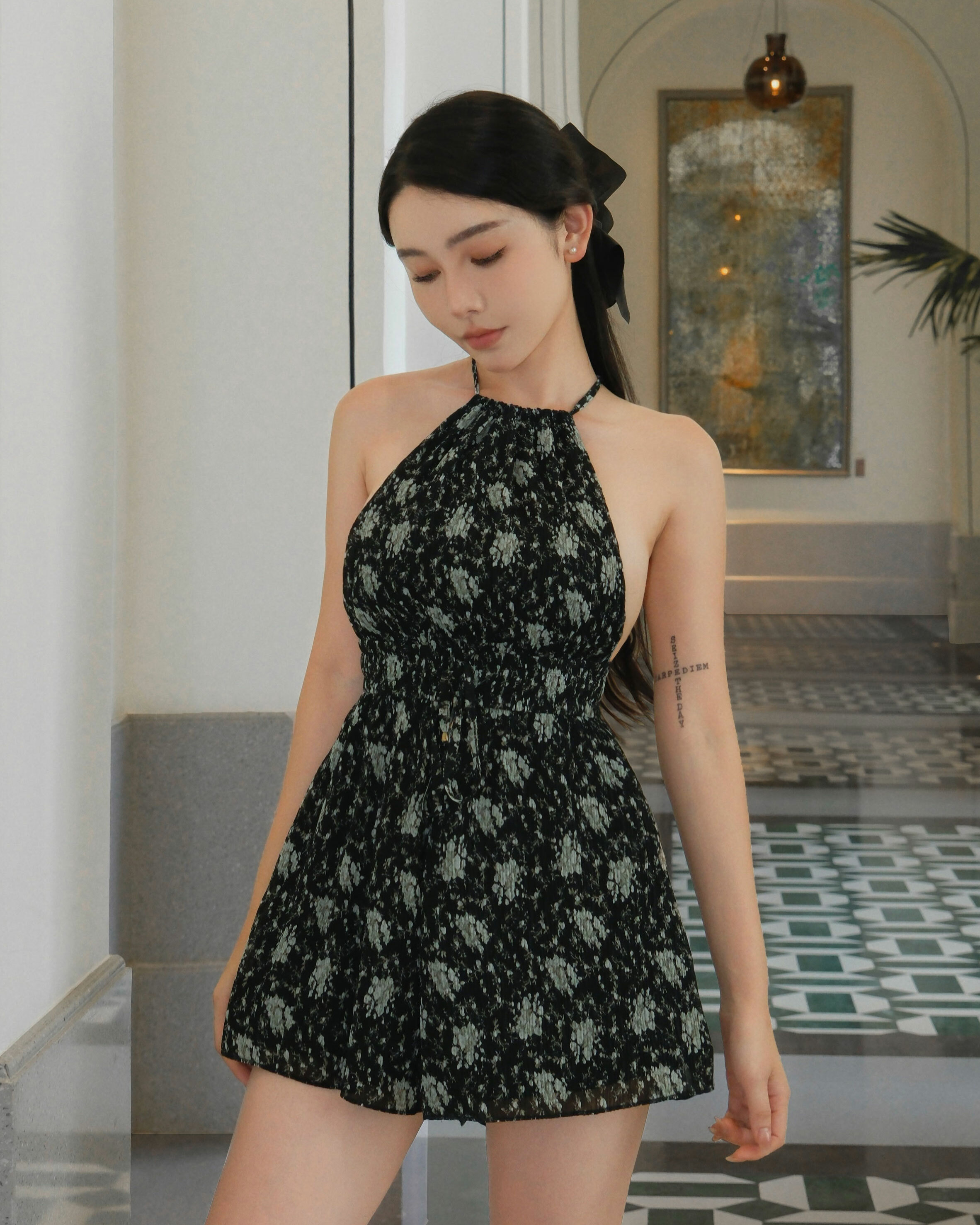 訂製-法式印花削肩側露連身短褲