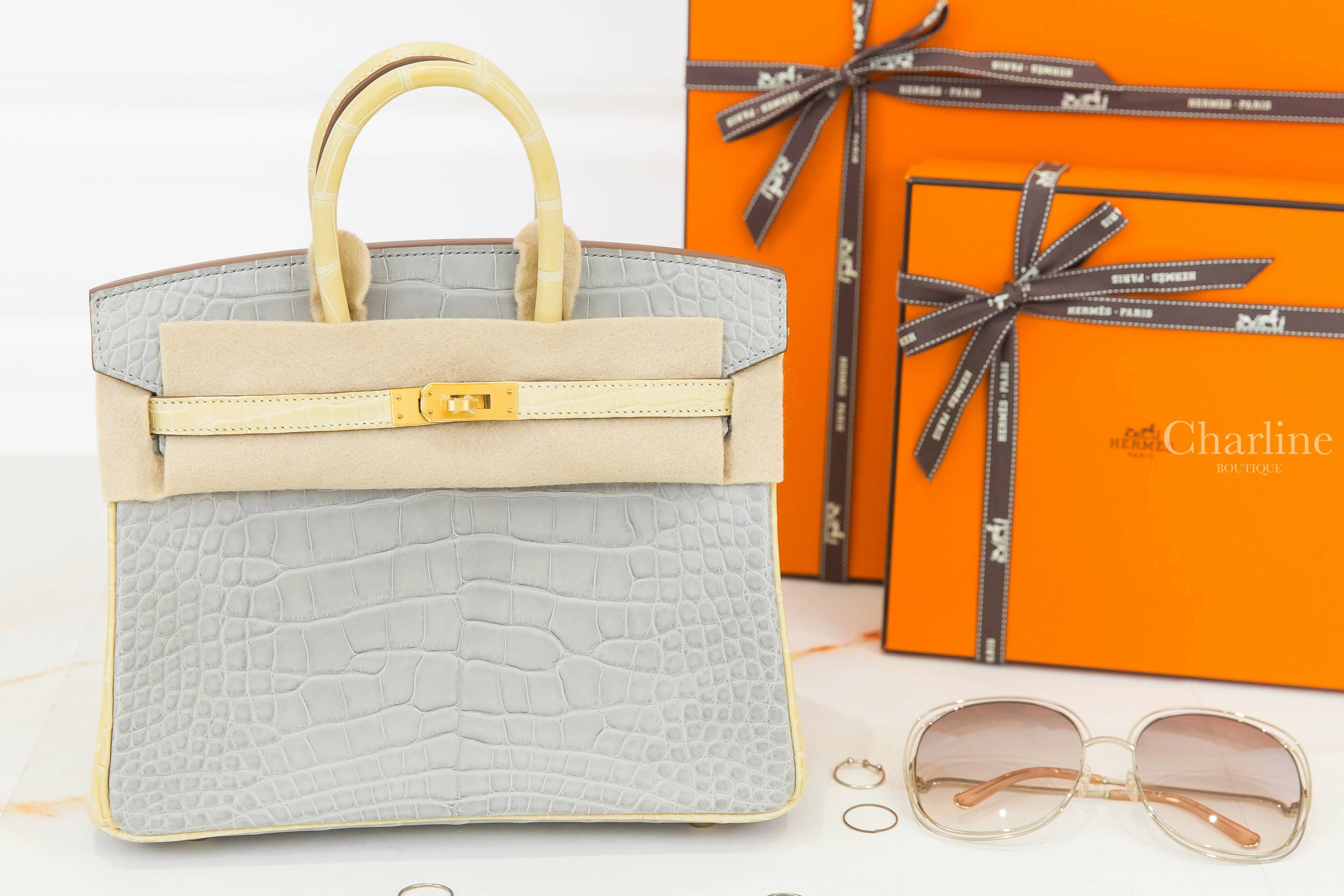 Hermès Birkin 25cm 80 Gris Perle / Y1 Vanille Alligator Mississippiensis Matte 珍珠灰拼香草霧面方塊鱷魚拉絲金釦鉑金包
