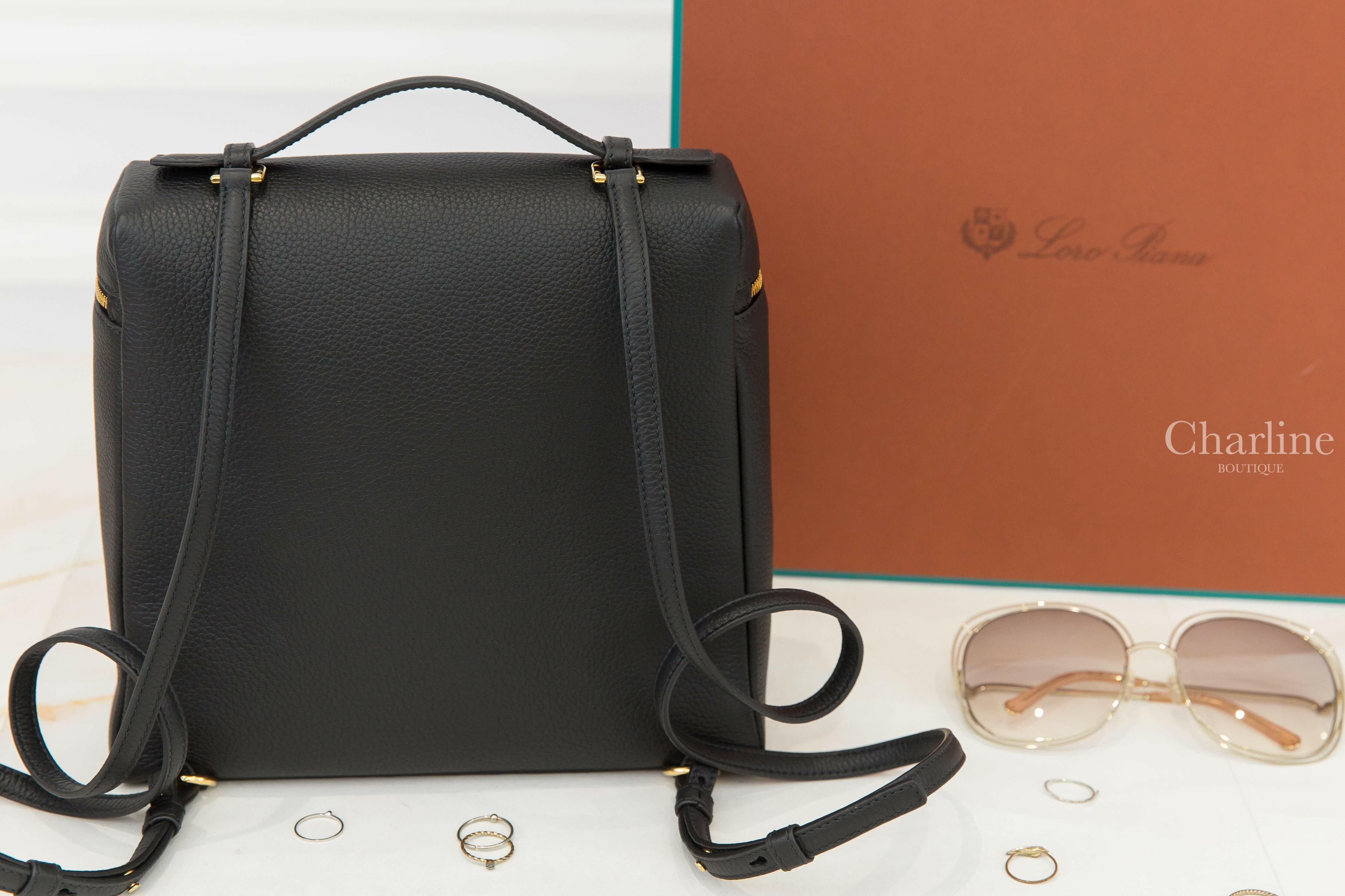 Loro Piana Extra Pocket Backpack L23.5 黑色小牛皮金色拉鍊手提後背包-Charline Boutique 精品代購