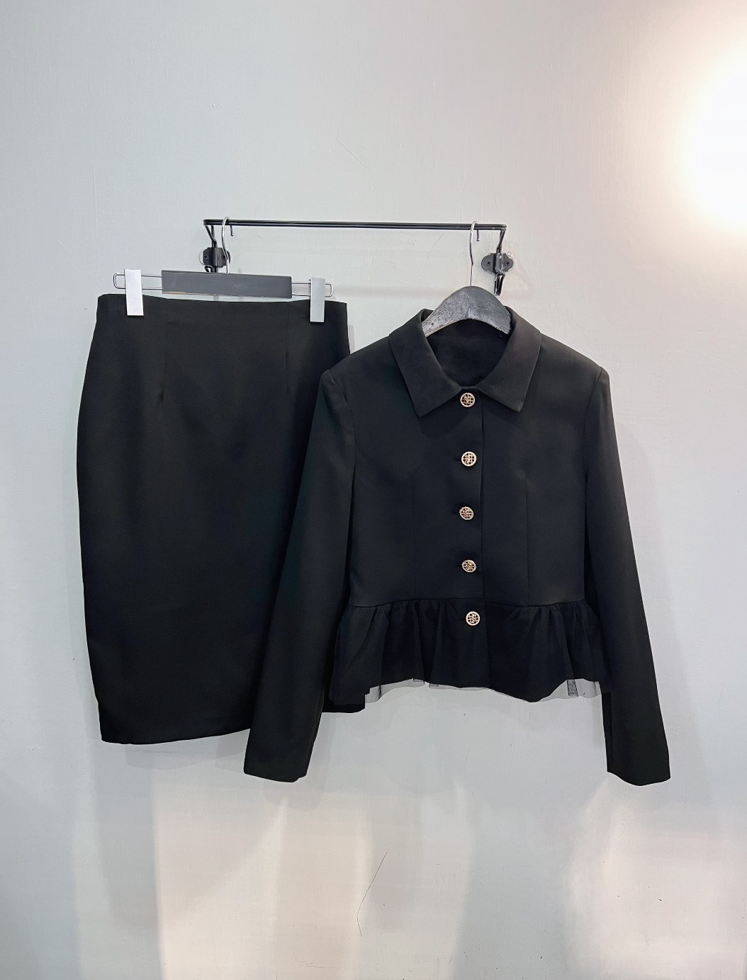 下擺拼紗西裝套裝-黑