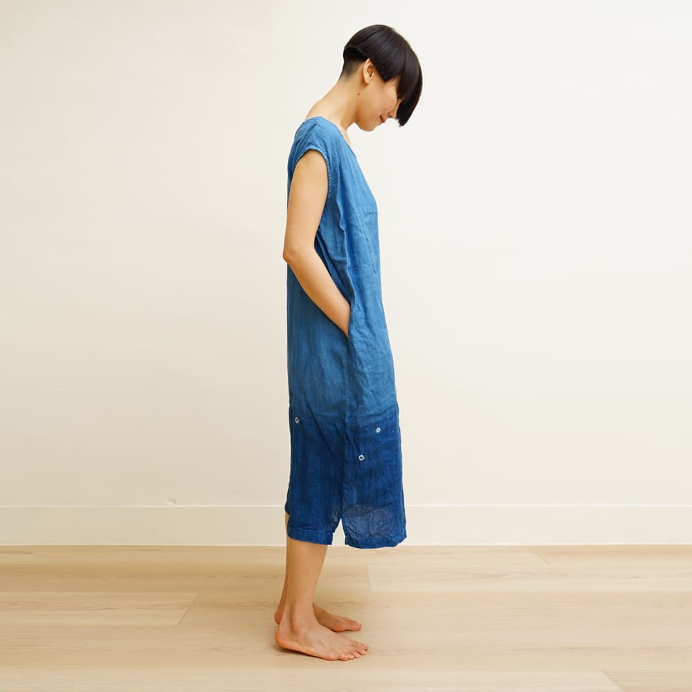 亞麻 背心洋裝  藍染