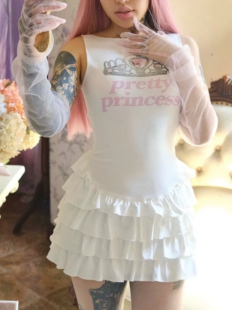 ArtByTastybabe "漂亮公主" 文字印花 露背綁帶 多層蛋糕裙