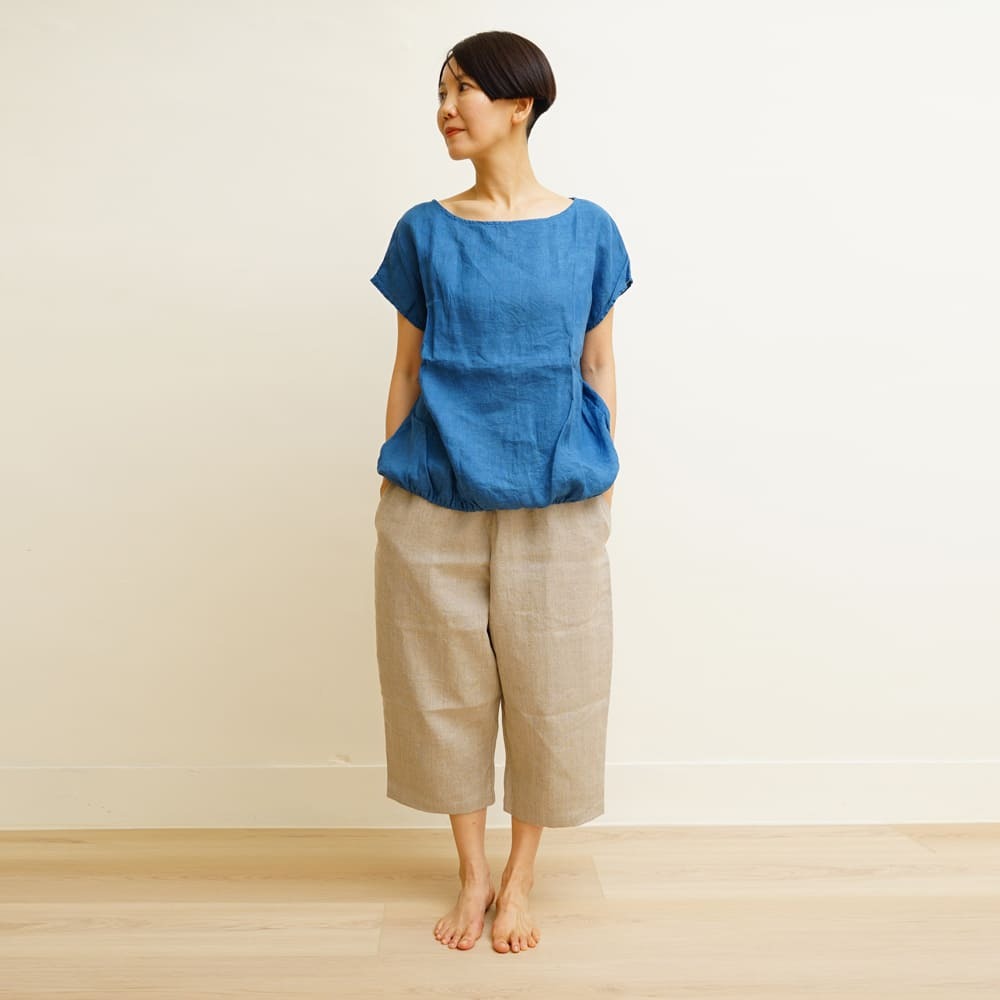 【預購】麻 法式袖上衣 藍染