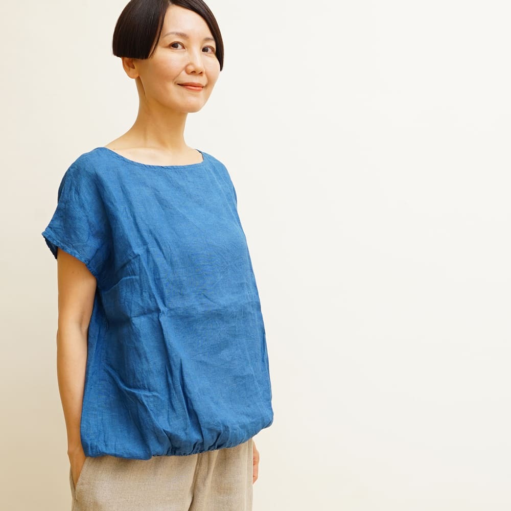 【預購】麻 法式袖上衣 藍染