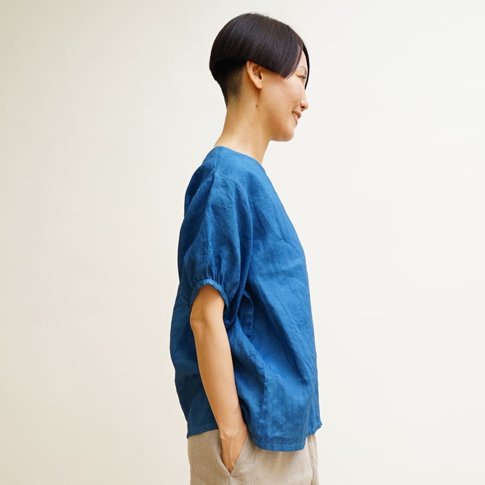 【預購】麻 公主袖上衣 藍染